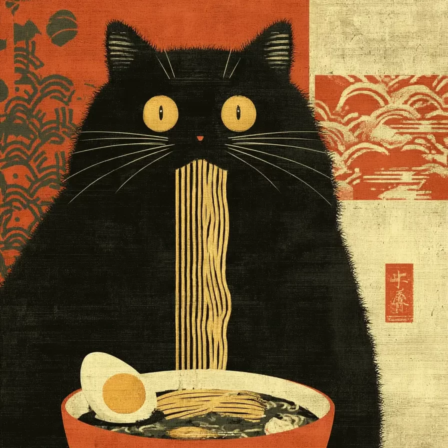 Stylized illustration featuring a large black cat