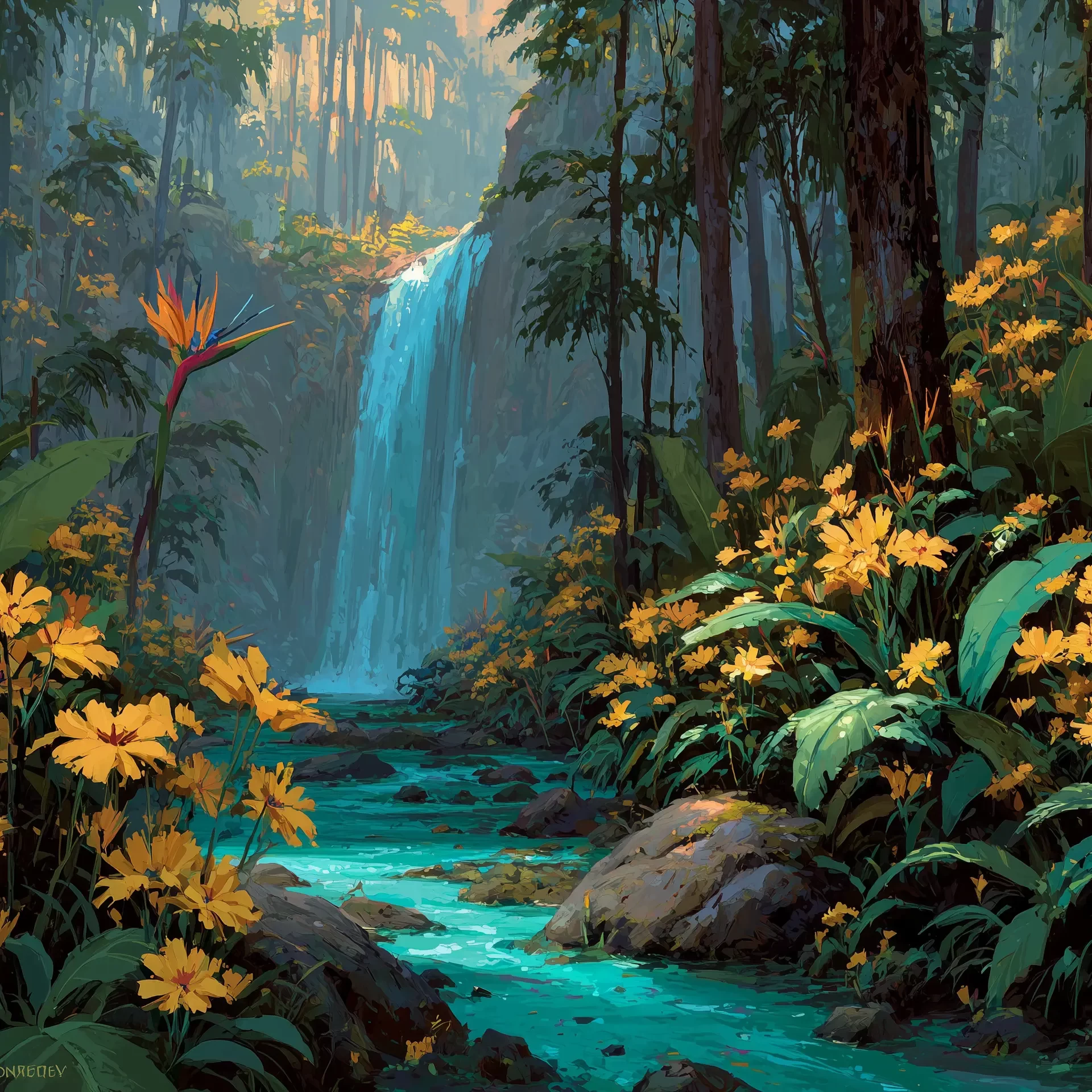 Vibrant cinematic scenery of a dense tropical