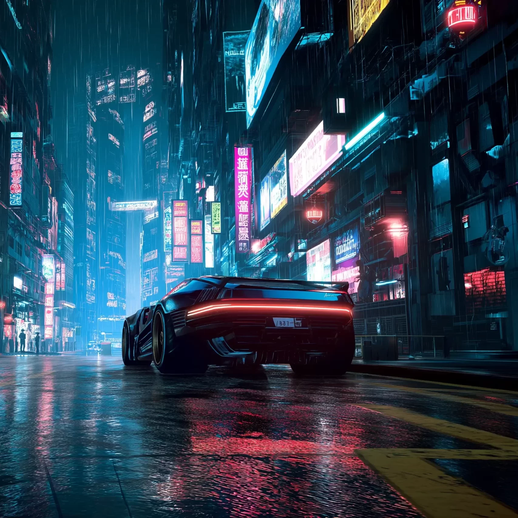 Cyberpunk city with neon lights and hovercars