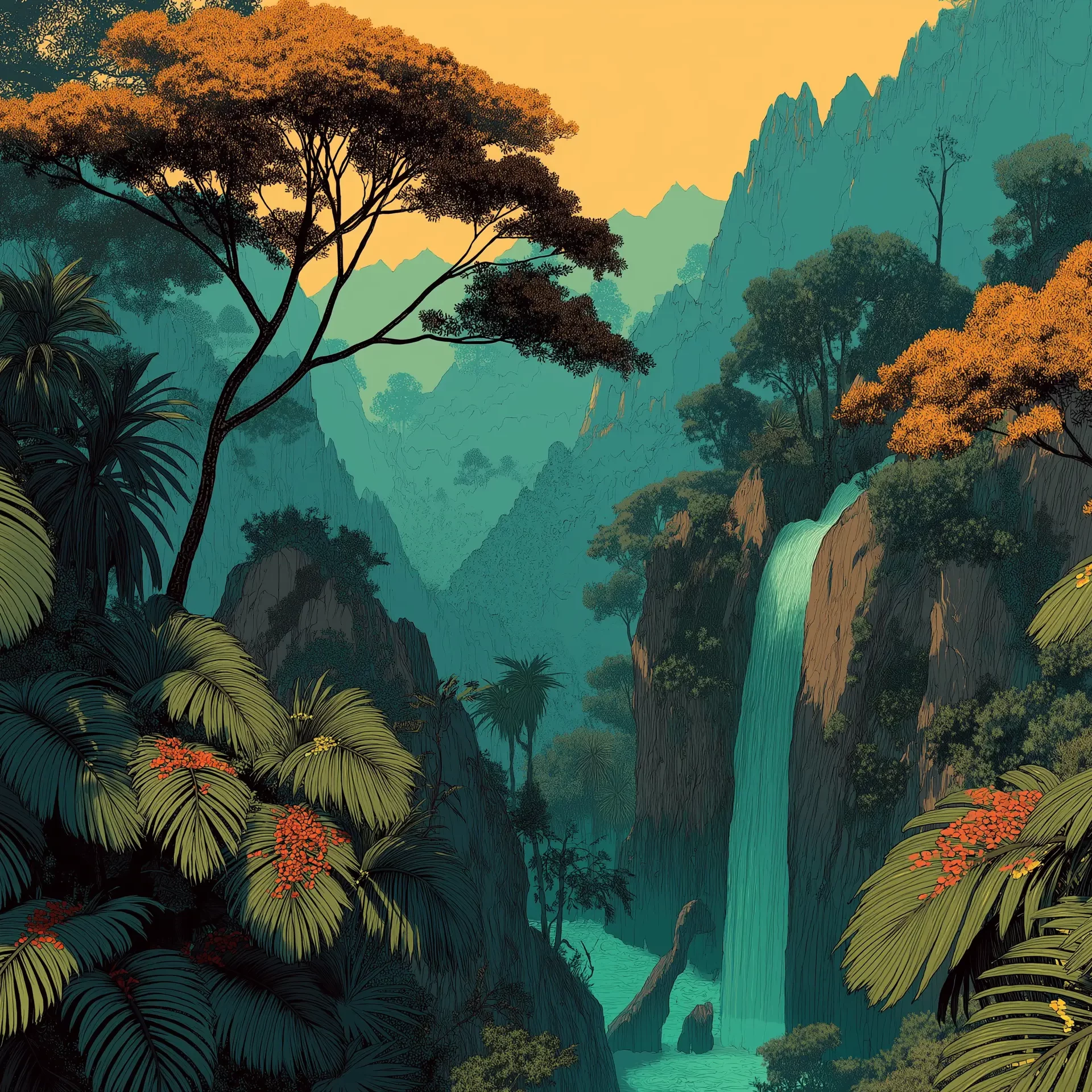 Spilgta kinematogrāfiska ainava blīvā tropu vidē