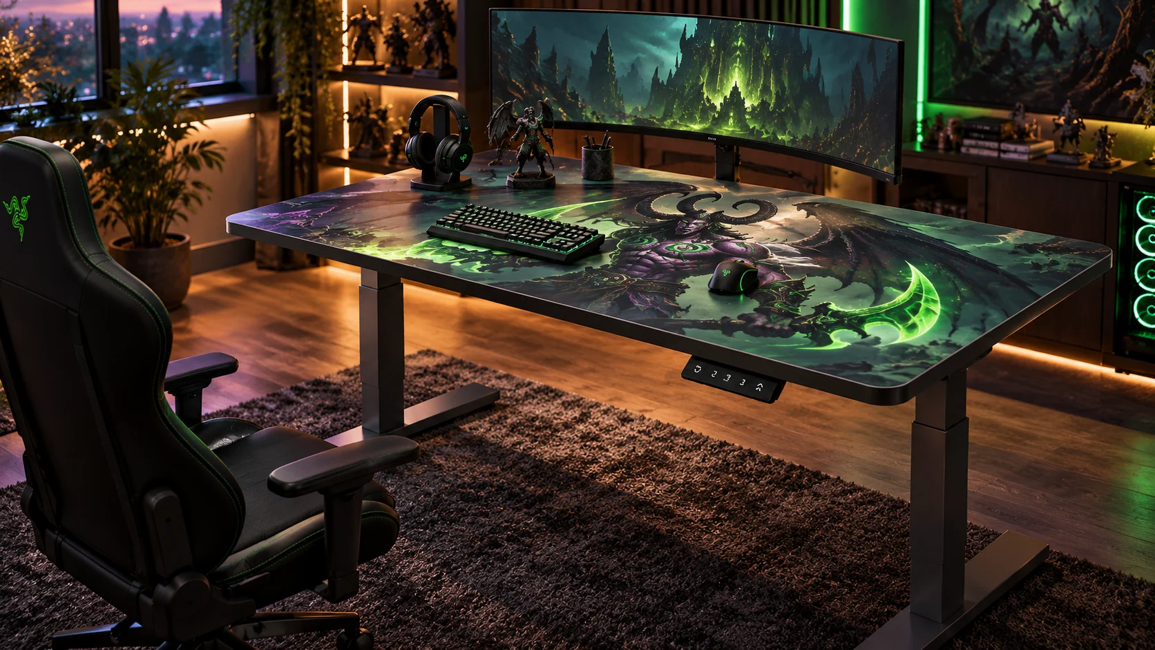 Žaidimų stalas su fantastinio meno stalviršiu po dviem monitoriais