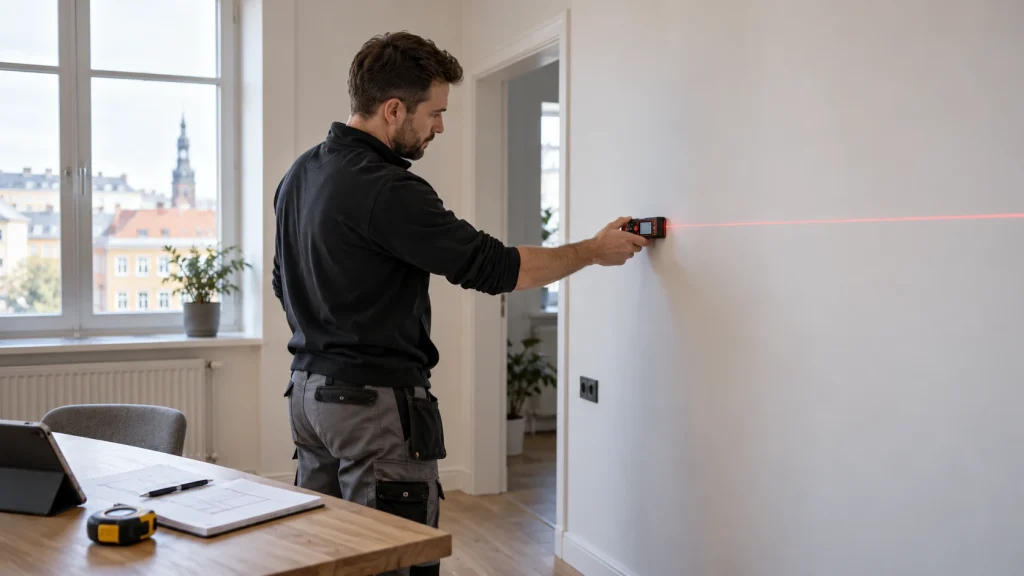Someone measuring a room exactly